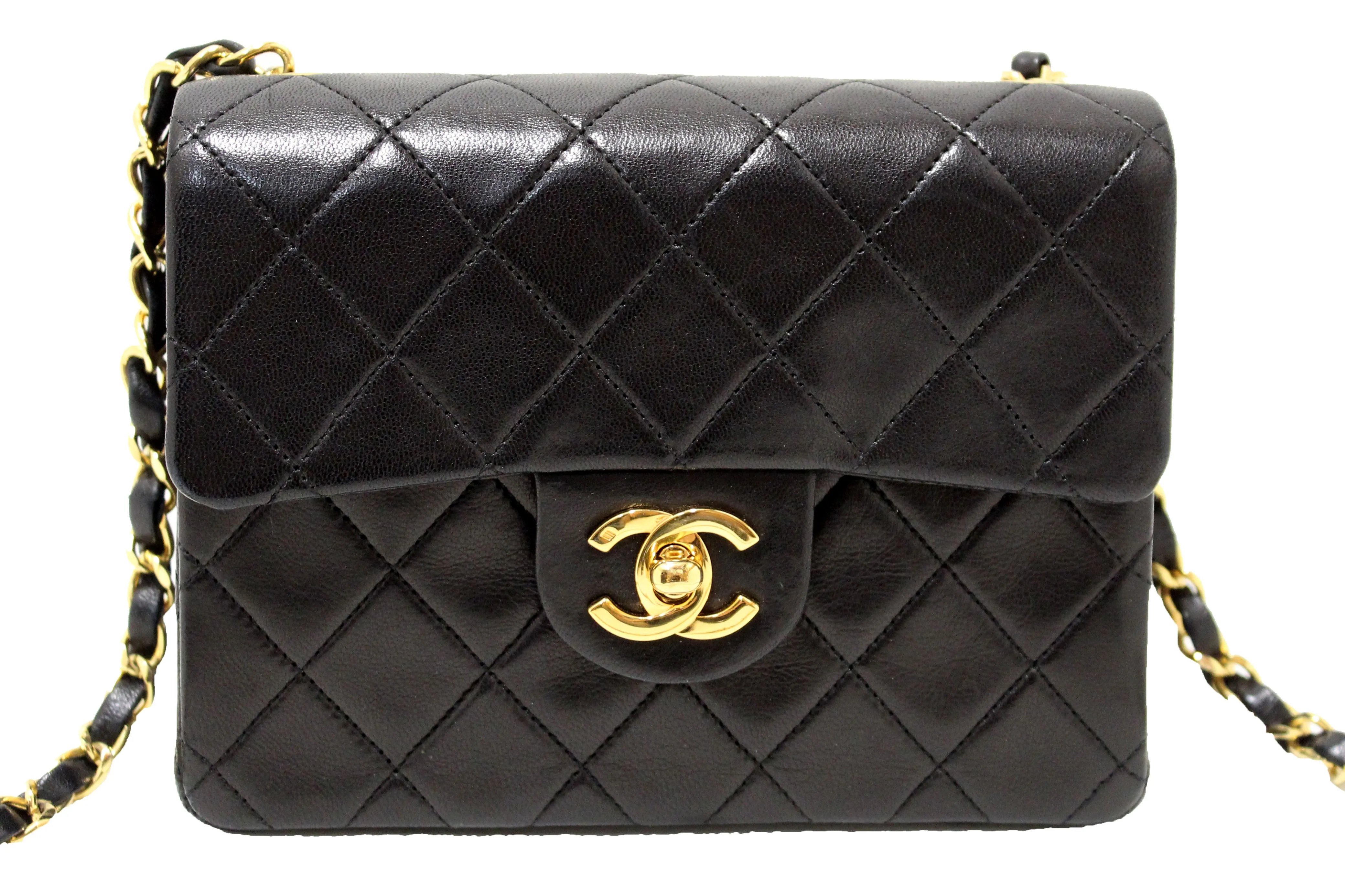 Authentic Chanel Vintage Black Quilted Lambskin Leather Classic Mini Square Flap Bag
