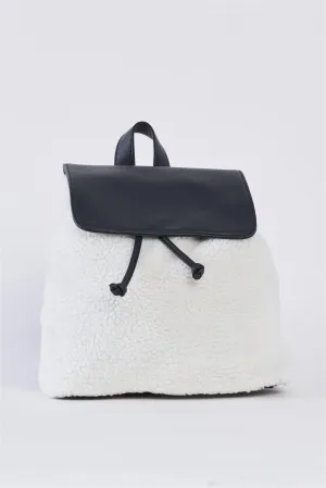 Black & White Flap Faux Fur Vegan Leather Draw String Tie Backpack /1 Bag