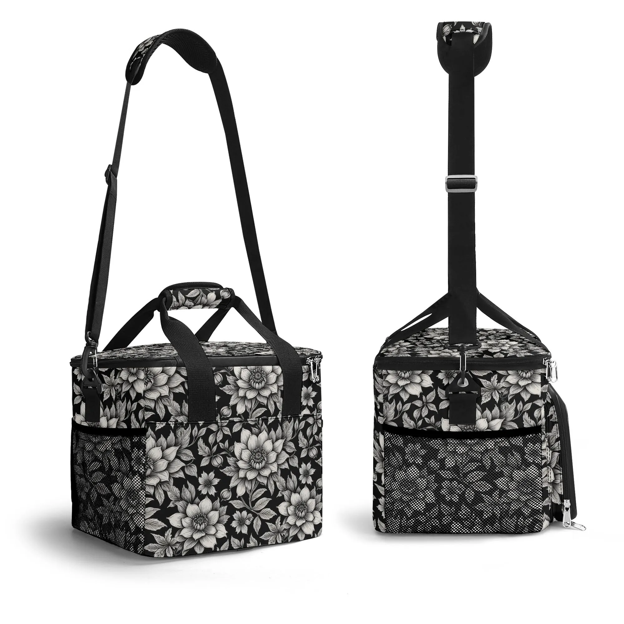 Black and White Bloom Insulated Leakproof Cooler Bag Lunch Box