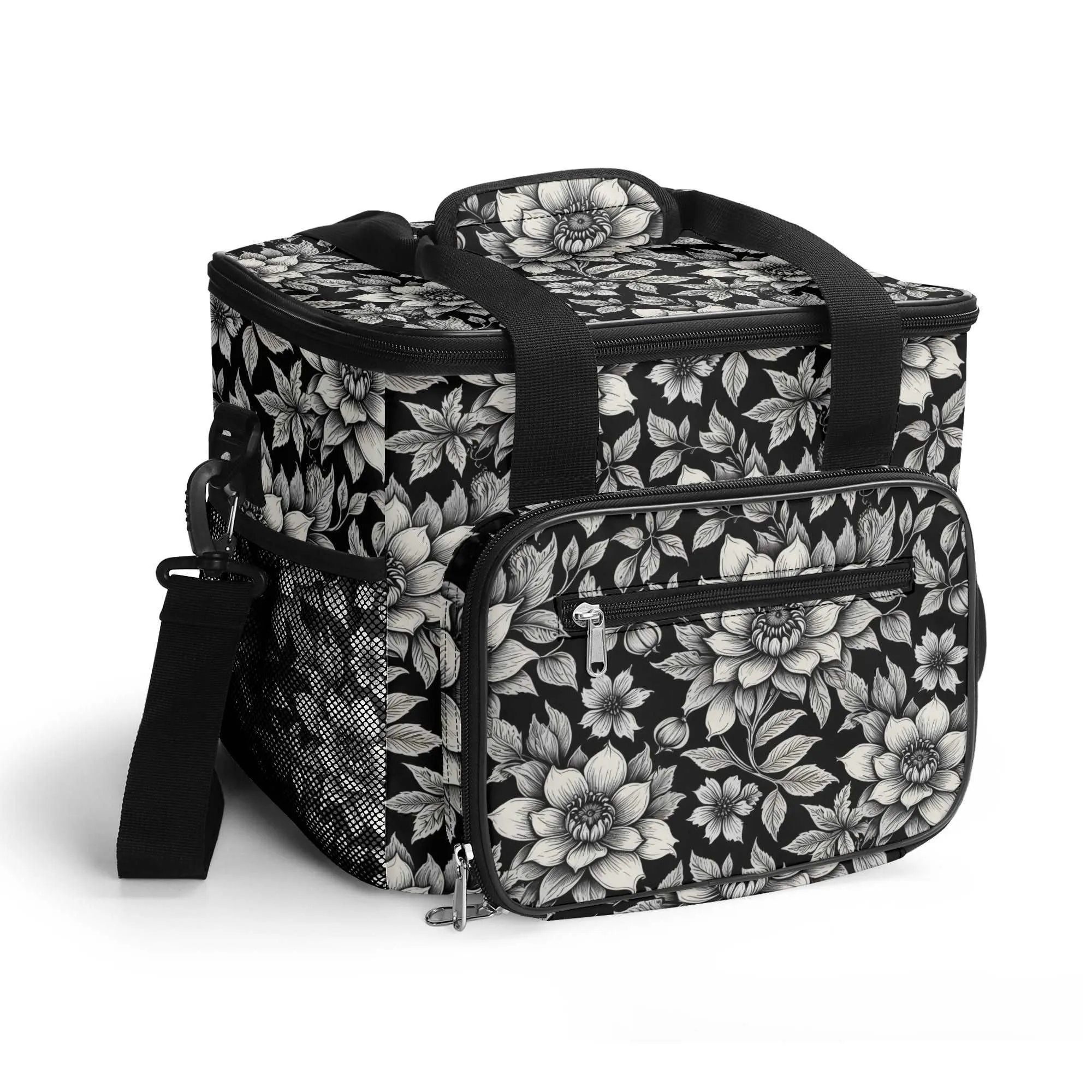 Black and White Bloom Insulated Leakproof Cooler Bag Lunch Box