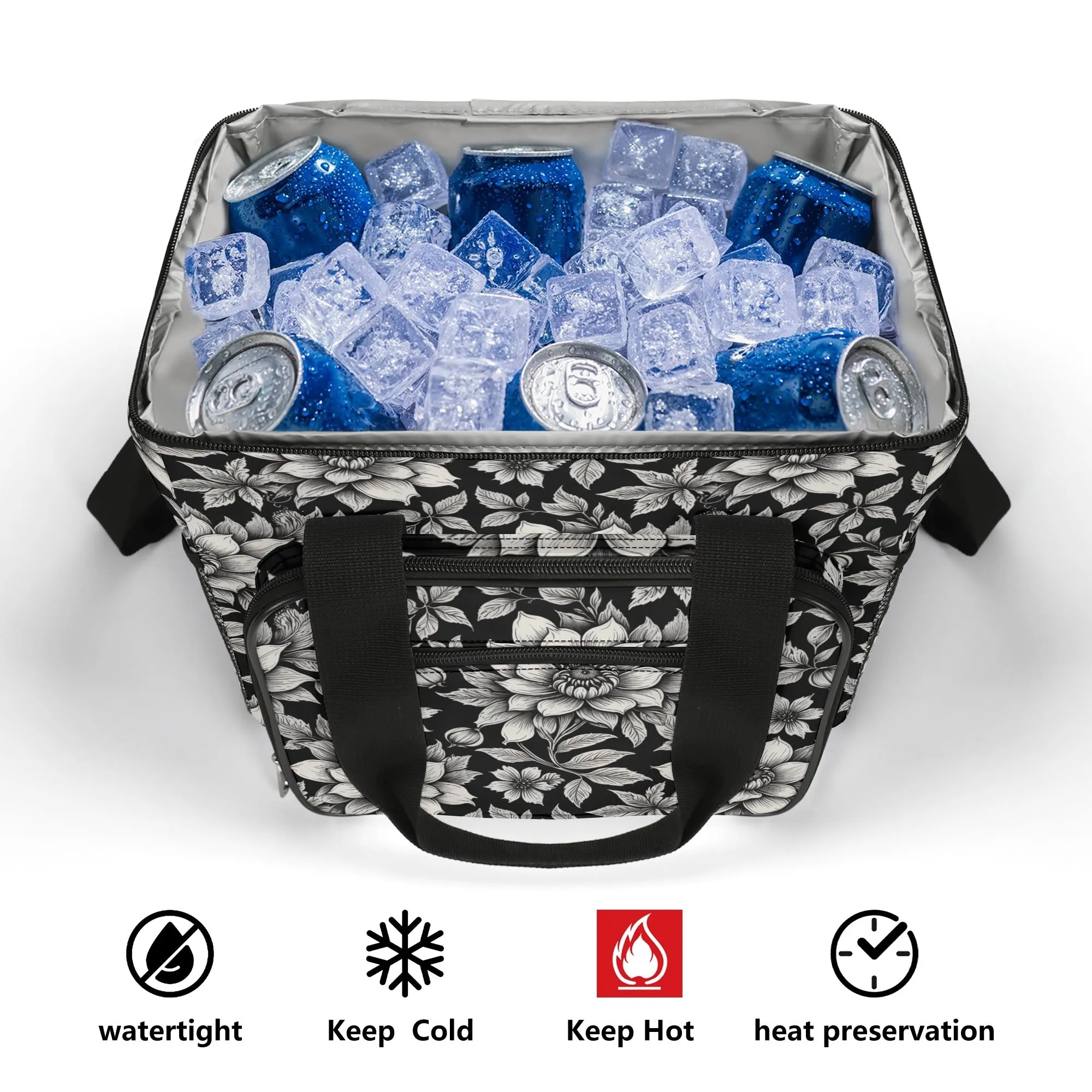 Black and White Bloom Insulated Leakproof Cooler Bag Lunch Box