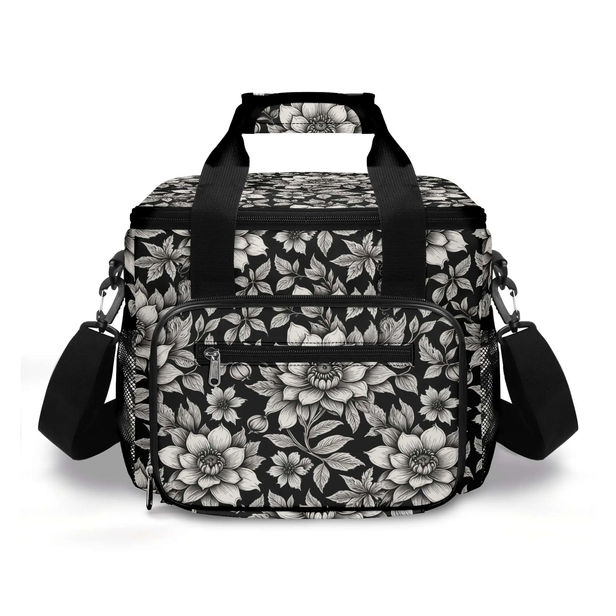 Black and White Bloom Insulated Leakproof Cooler Bag Lunch Box