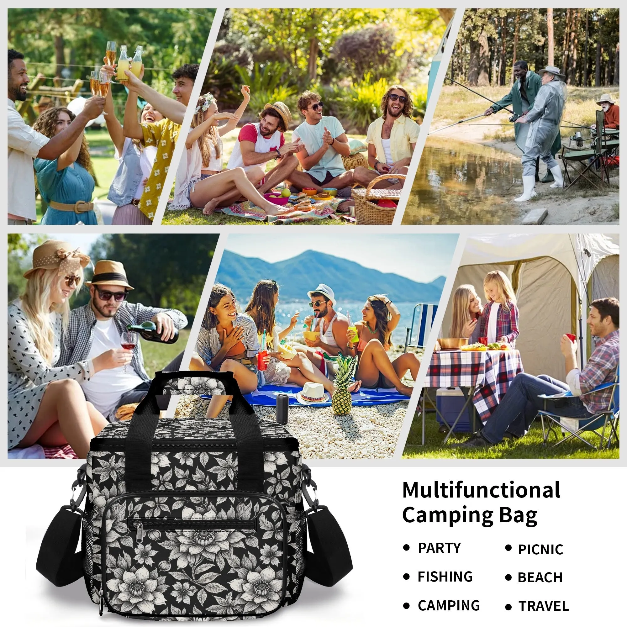 Black and White Bloom Insulated Leakproof Cooler Bag Lunch Box