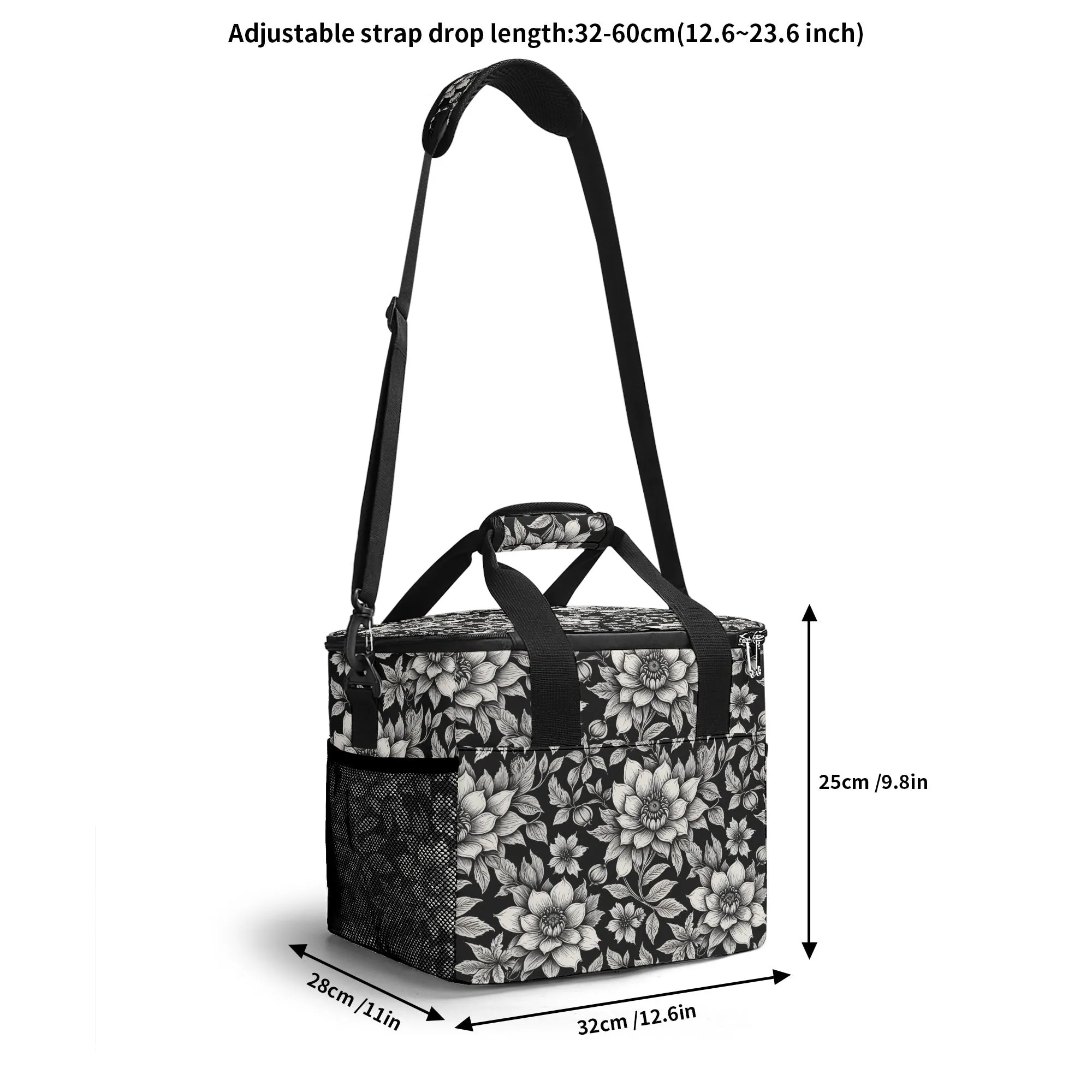 Black and White Bloom Insulated Leakproof Cooler Bag Lunch Box