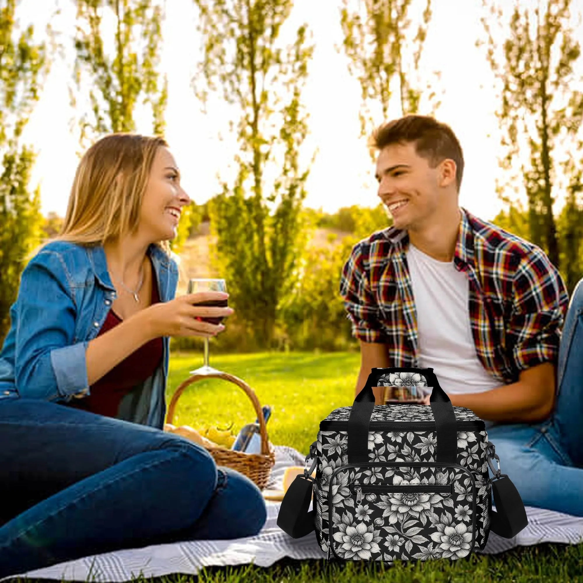 Black and White Bloom Insulated Leakproof Cooler Bag Lunch Box