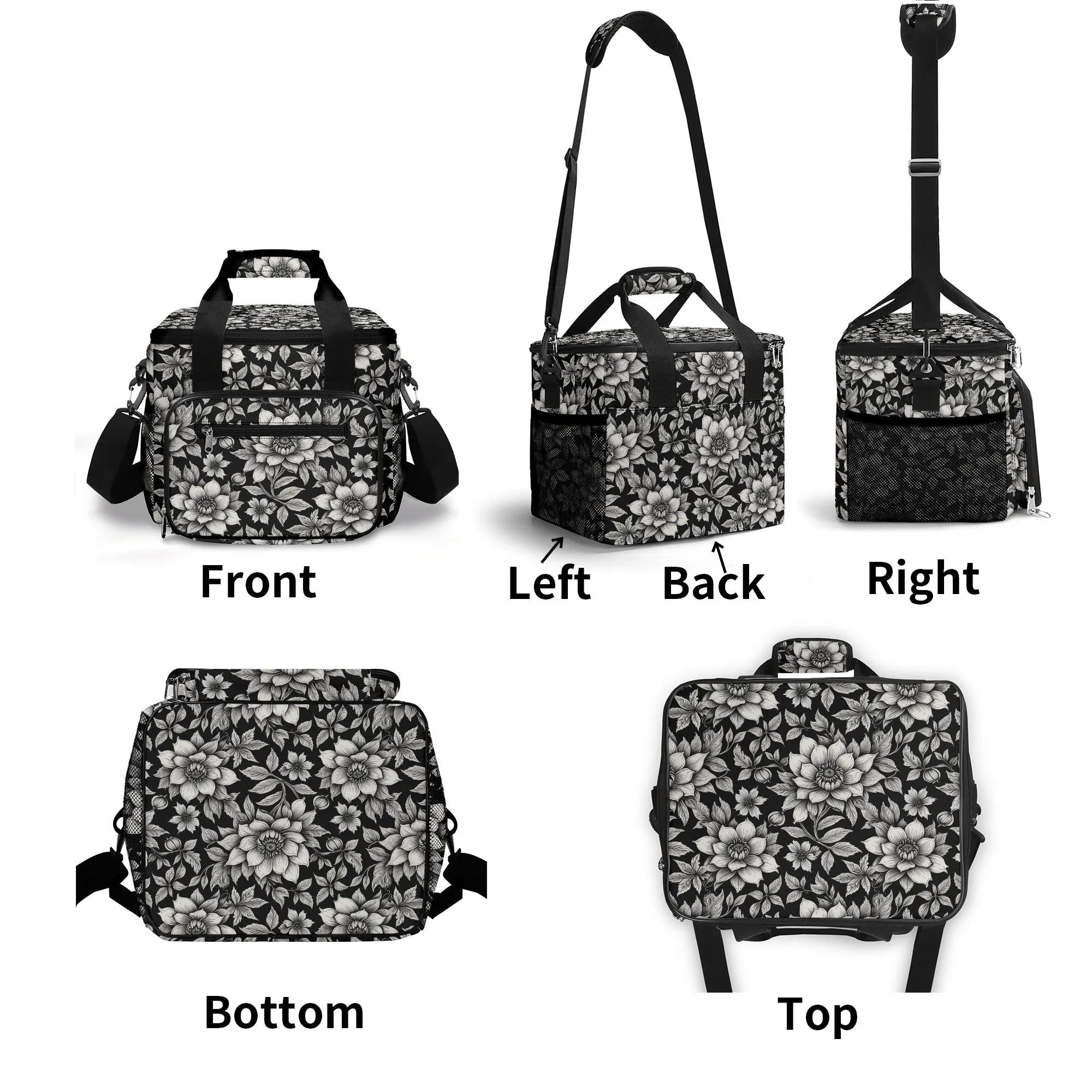 Black and White Bloom Insulated Leakproof Cooler Bag Lunch Box