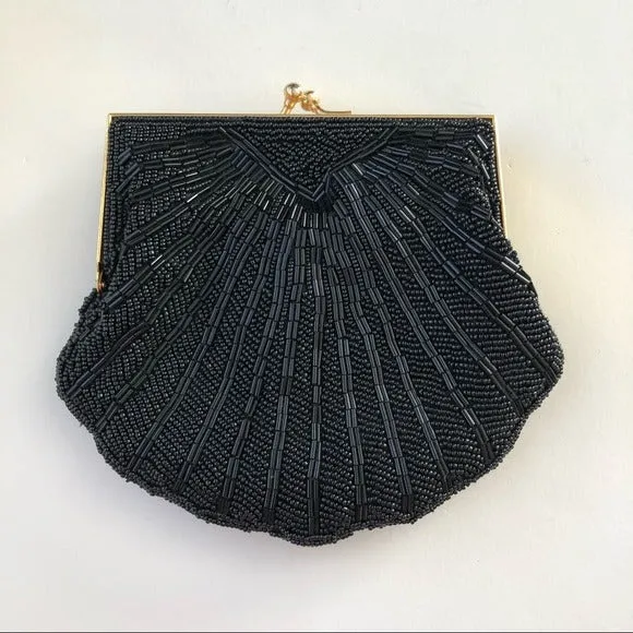 Black Shell Beaded Snap Open Cocktail Purse