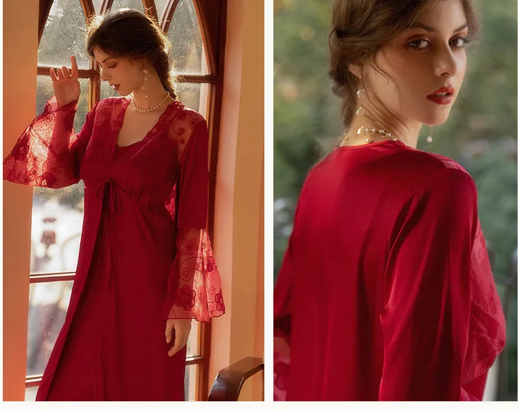 Bridal Wedding Red Nightdress Vintage Lace Robe