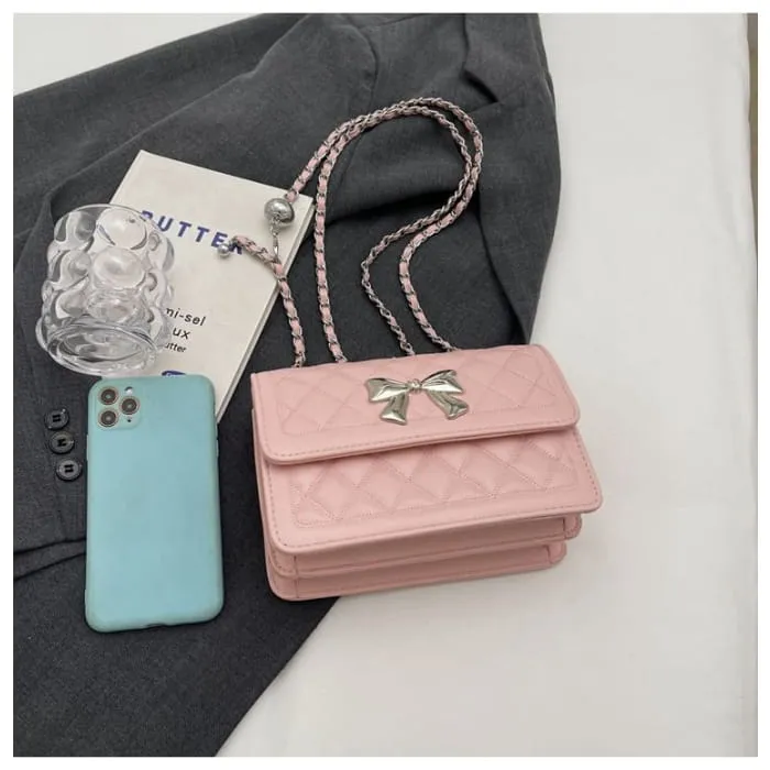 Chain Strap Bow Accent Quilted Faux Leather Flap Crossbody Bag