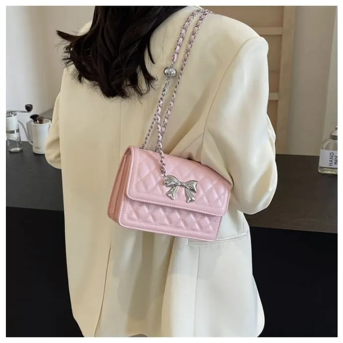 Chain Strap Bow Accent Quilted Faux Leather Flap Crossbody Bag