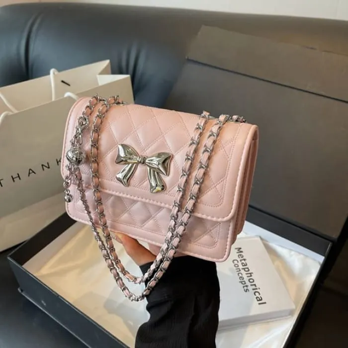 Chain Strap Bow Accent Quilted Faux Leather Flap Crossbody Bag