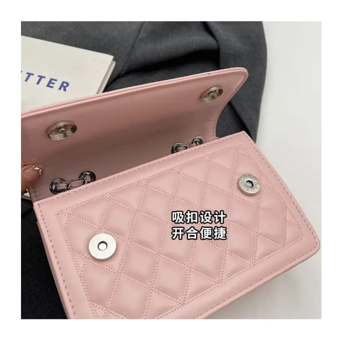Chain Strap Bow Accent Quilted Faux Leather Flap Crossbody Bag