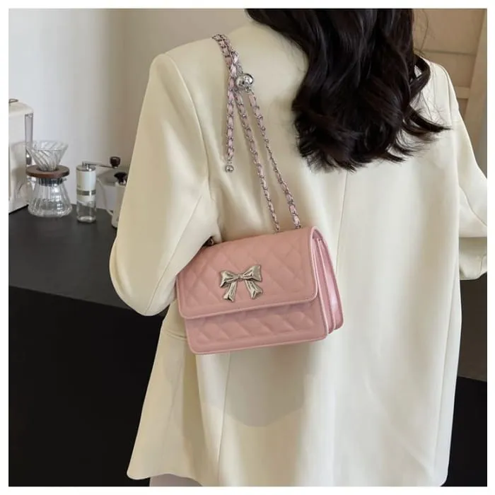 Chain Strap Bow Accent Quilted Faux Leather Flap Crossbody Bag