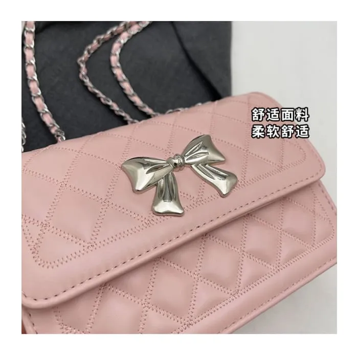 Chain Strap Bow Accent Quilted Faux Leather Flap Crossbody Bag