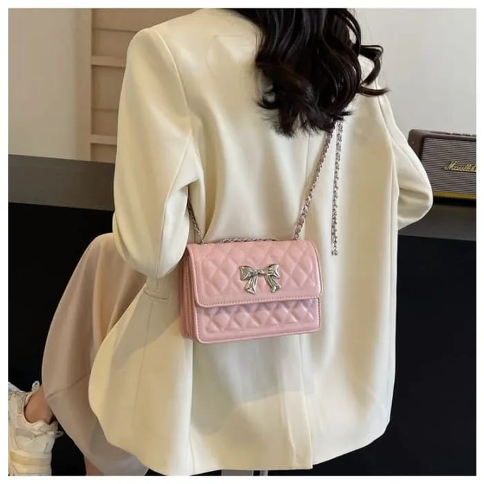 Chain Strap Bow Accent Quilted Faux Leather Flap Crossbody Bag