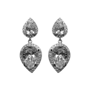 Classic Stylish Sharp Pear Shaped 2 Center CZ Stone Dangle Brass Earrings