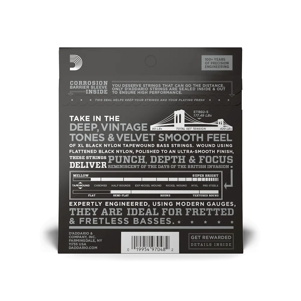 D'Addario Medium Black Nylon Tapewound 5 String Bass Set 50-135