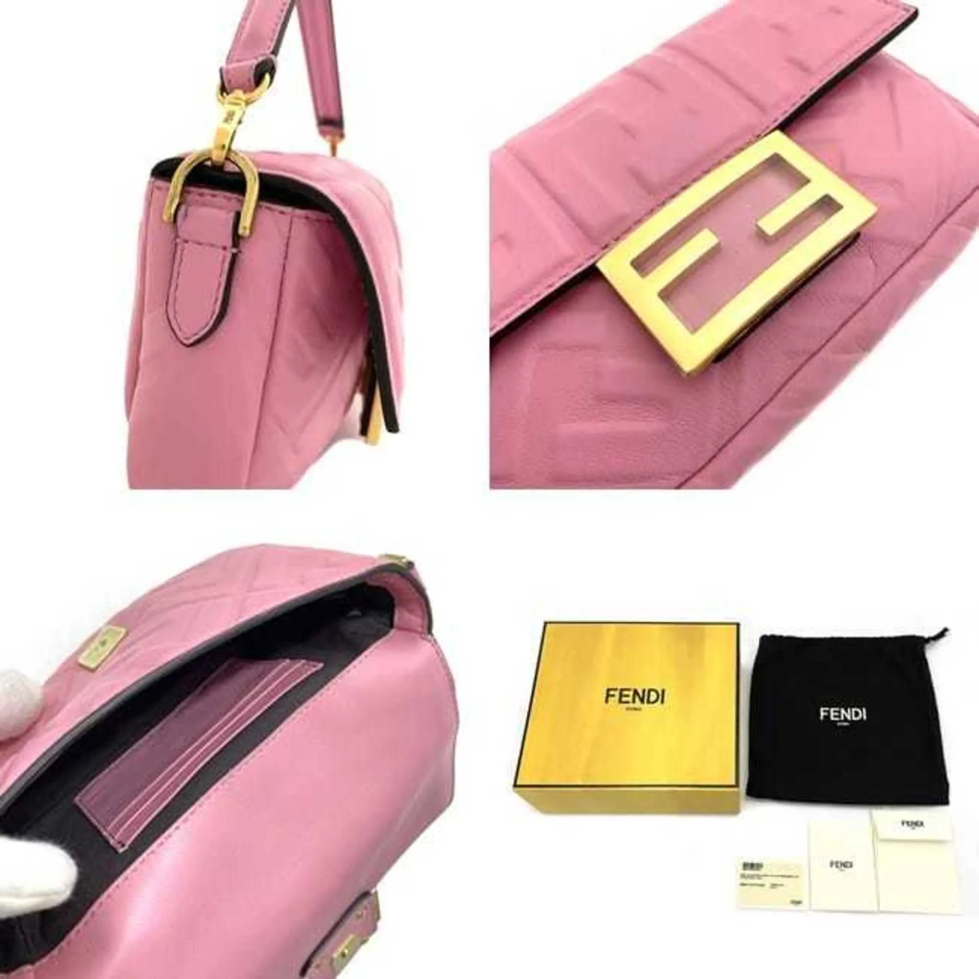 FENDI Baguette Small Pink Gold 8BS017 Leather GP  Shoulder Bag FF Embossed Ladies Chain