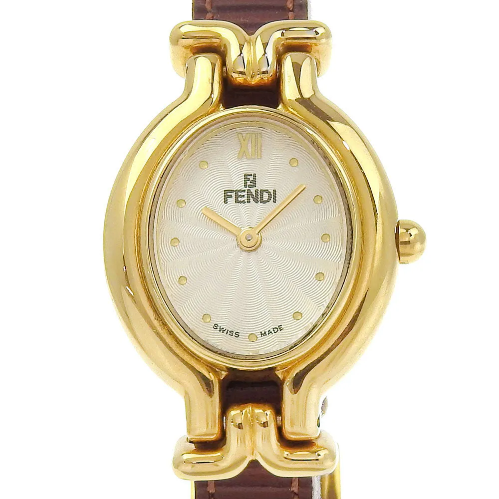 FENDI Watches Quartz 640L Plated Gold, embossed leather gold Change belt Oval Silver dial