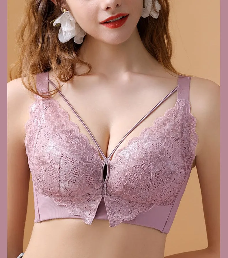 Large size thin full cup underwear women's no steel ring gathered adjustable bra sexy lace collection bra