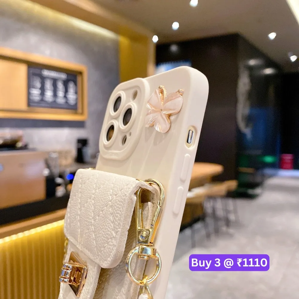 Luxury PU Leather Wallet Silicone Phone Case with Crossbody Chain Card Slot Bag - iPhone 13