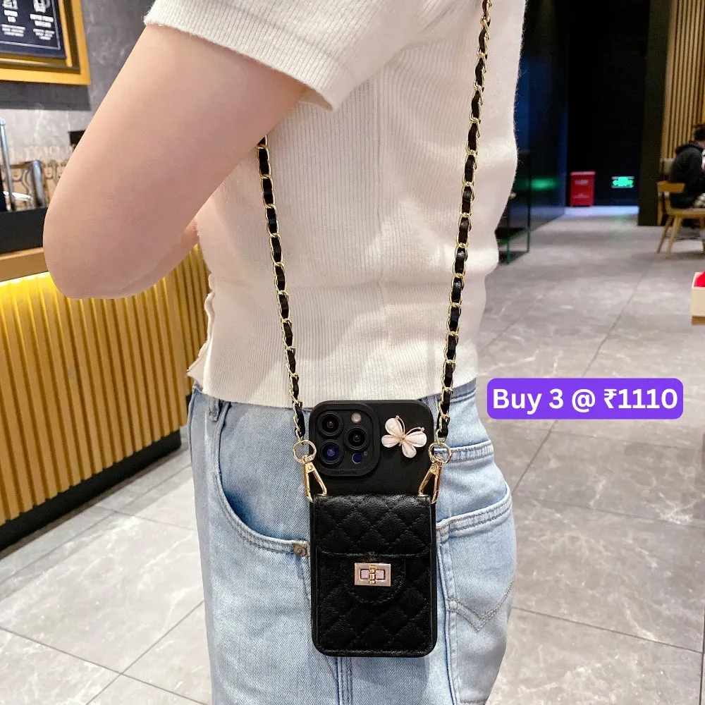 Luxury PU Leather Wallet Silicone Phone Case with Crossbody Chain Card Slot Bag - iPhone 13