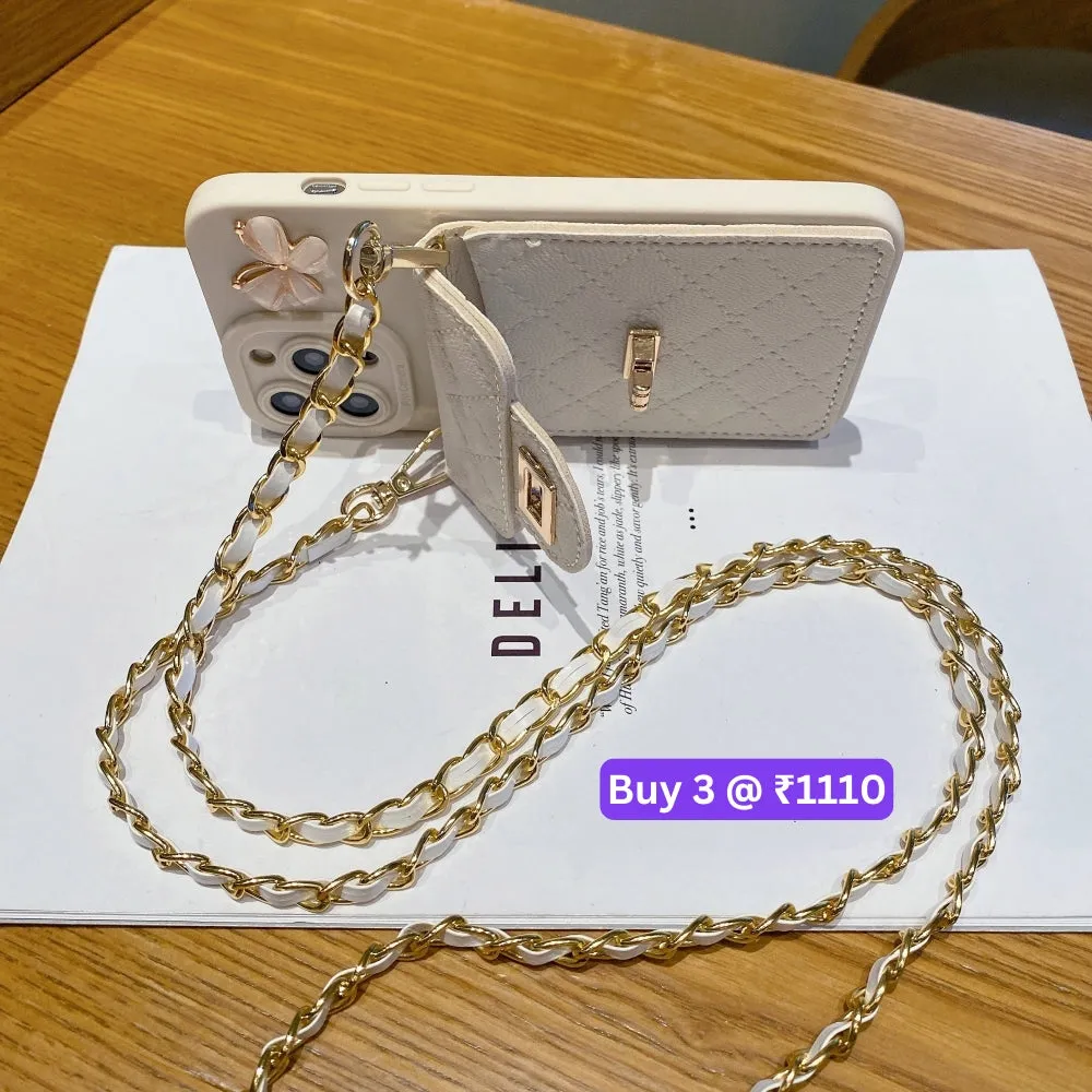 Luxury PU Leather Wallet Silicone Phone Case with Crossbody Chain Card Slot Bag - iPhone 13