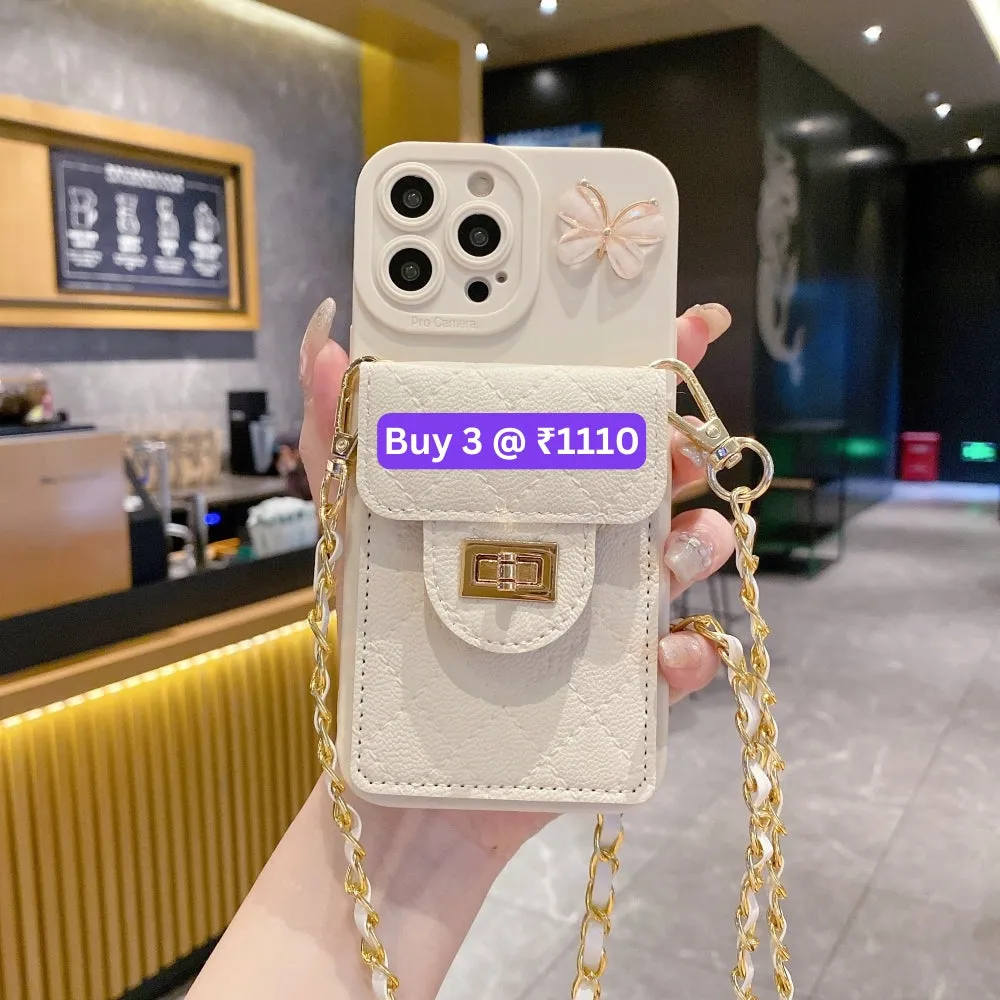 Luxury PU Leather Wallet Silicone Phone Case with Crossbody Chain Card Slot Bag - iPhone 13
