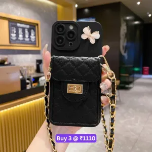 Luxury PU Leather Wallet Silicone Phone Case with Crossbody Chain Card Slot Bag - iPhone 13