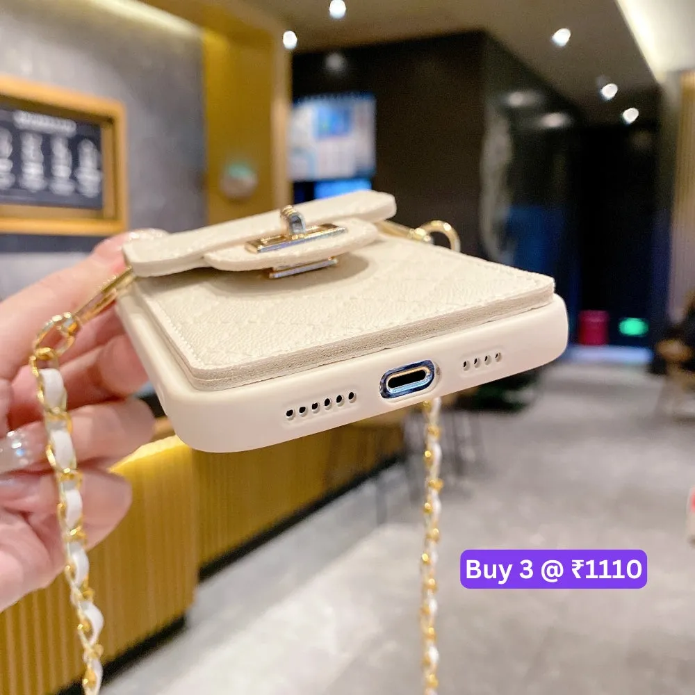 Luxury PU Leather Wallet Silicone Phone Case with Crossbody Chain Card Slot Bag - iPhone 13