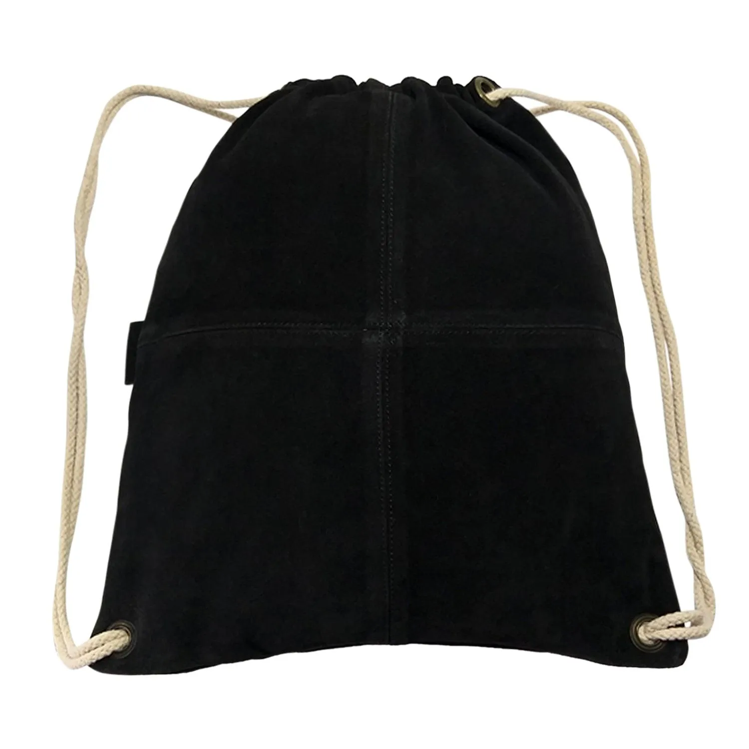 MANDAVA Suede Leather Drawstring Backpack Unisex Sack Cinch School/College/Gym Bag (Black)
