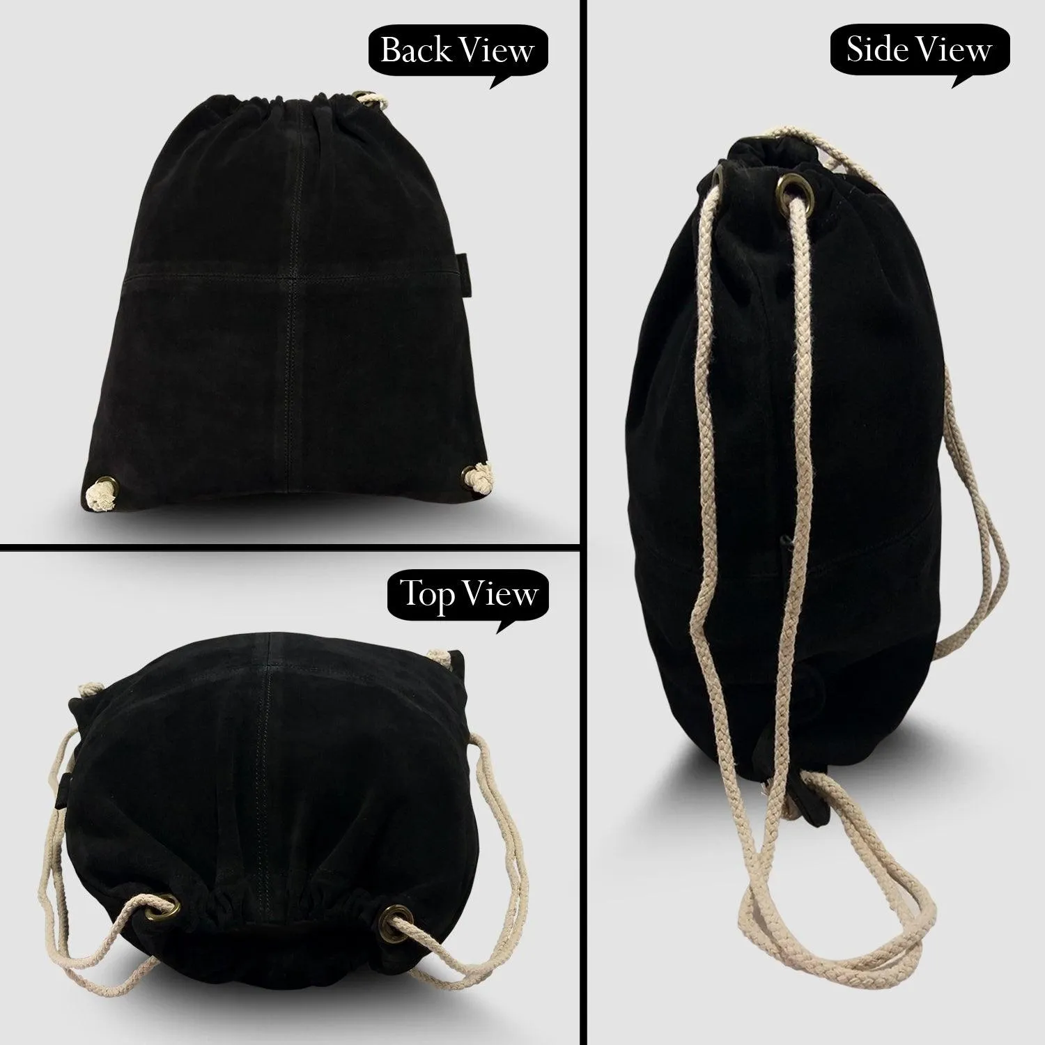 MANDAVA Suede Leather Drawstring Backpack Unisex Sack Cinch School/College/Gym Bag (Black)