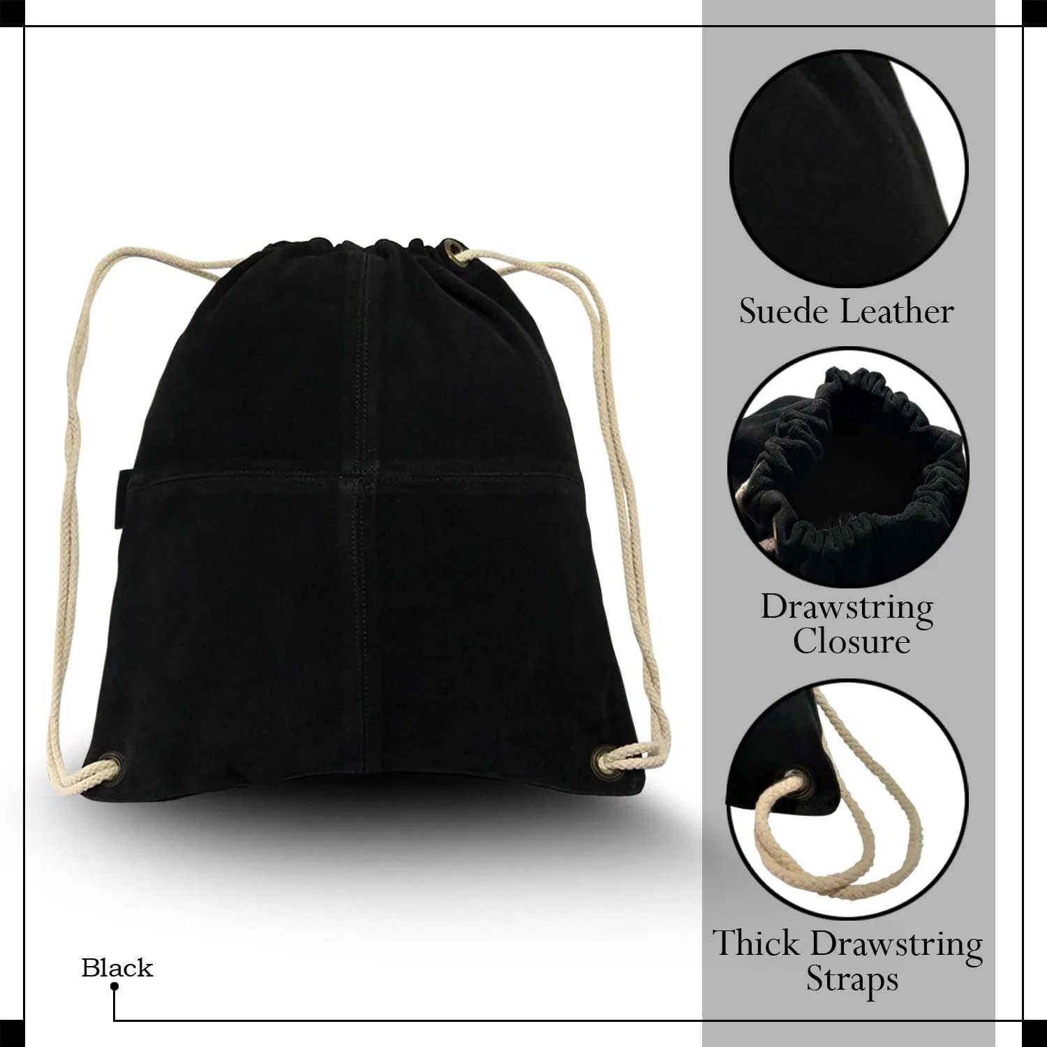 MANDAVA Suede Leather Drawstring Backpack Unisex Sack Cinch School/College/Gym Bag (Black)