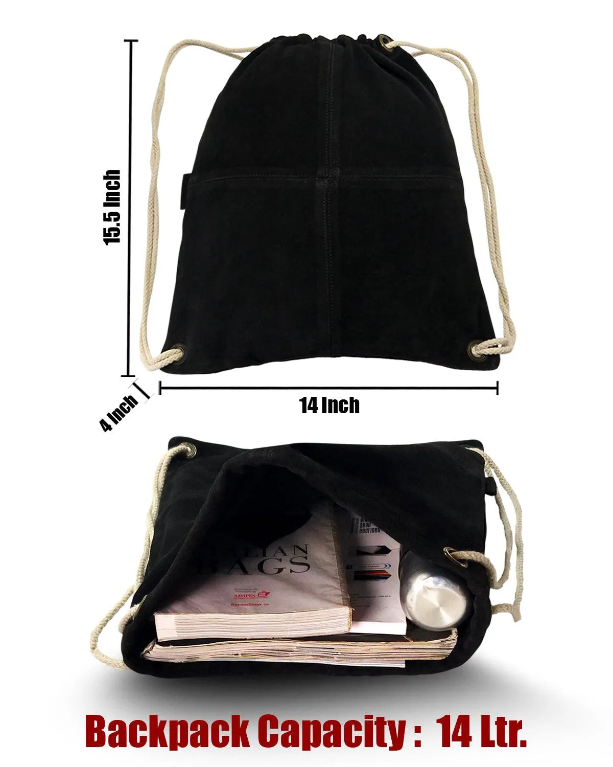 MANDAVA Suede Leather Drawstring Backpack Unisex Sack Cinch School/College/Gym Bag (Black)