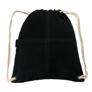 MANDAVA Suede Leather Drawstring Backpack Unisex Sack Cinch School/College/Gym Bag (Black)