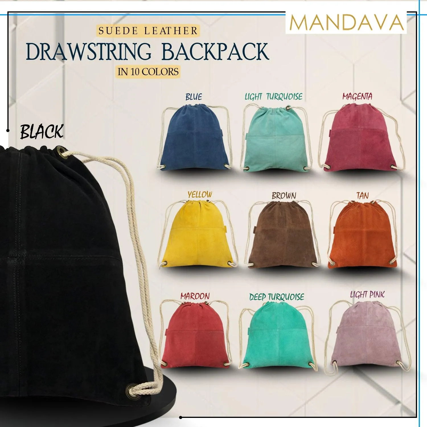 MANDAVA Suede Leather Drawstring Backpack Unisex Sack Cinch School/College/Gym Bag (Black)