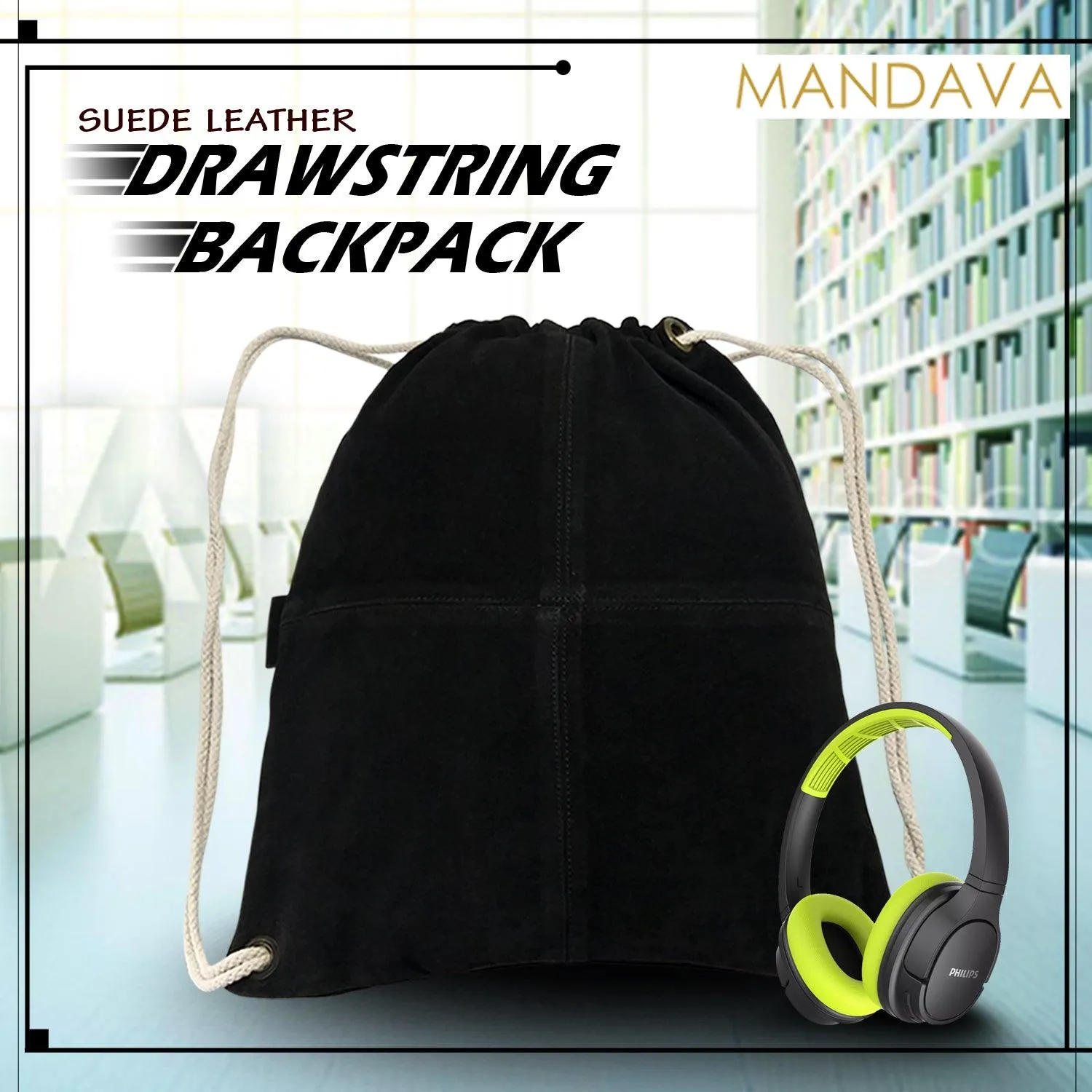 MANDAVA Suede Leather Drawstring Backpack Unisex Sack Cinch School/College/Gym Bag (Black)