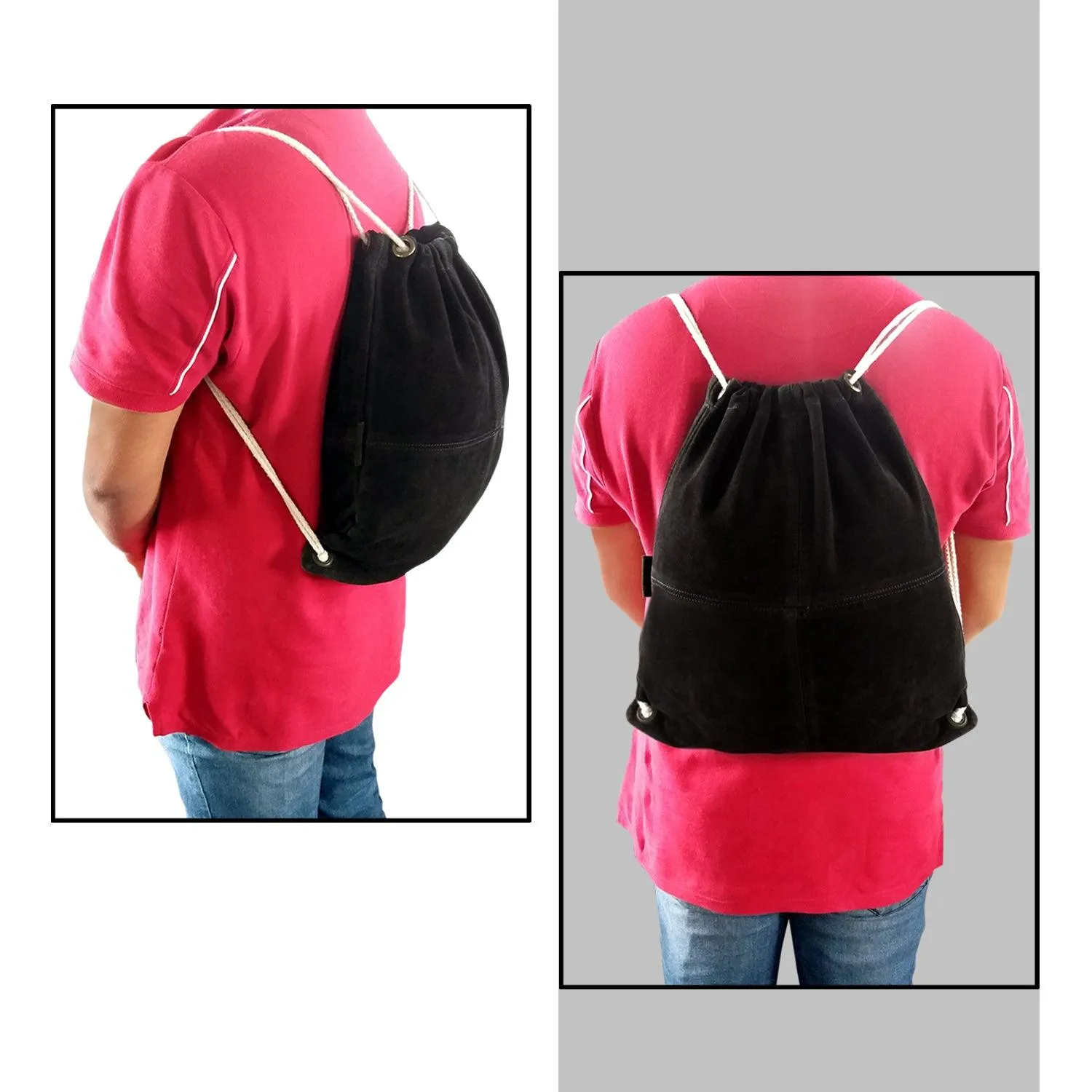 MANDAVA Suede Leather Drawstring Backpack Unisex Sack Cinch School/College/Gym Bag (Black)