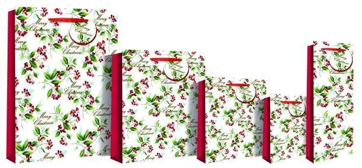 Merry Christmas Holly Gift Bag 33 x 26 x 14cm - Foiled Red Berries Large Deluxe
