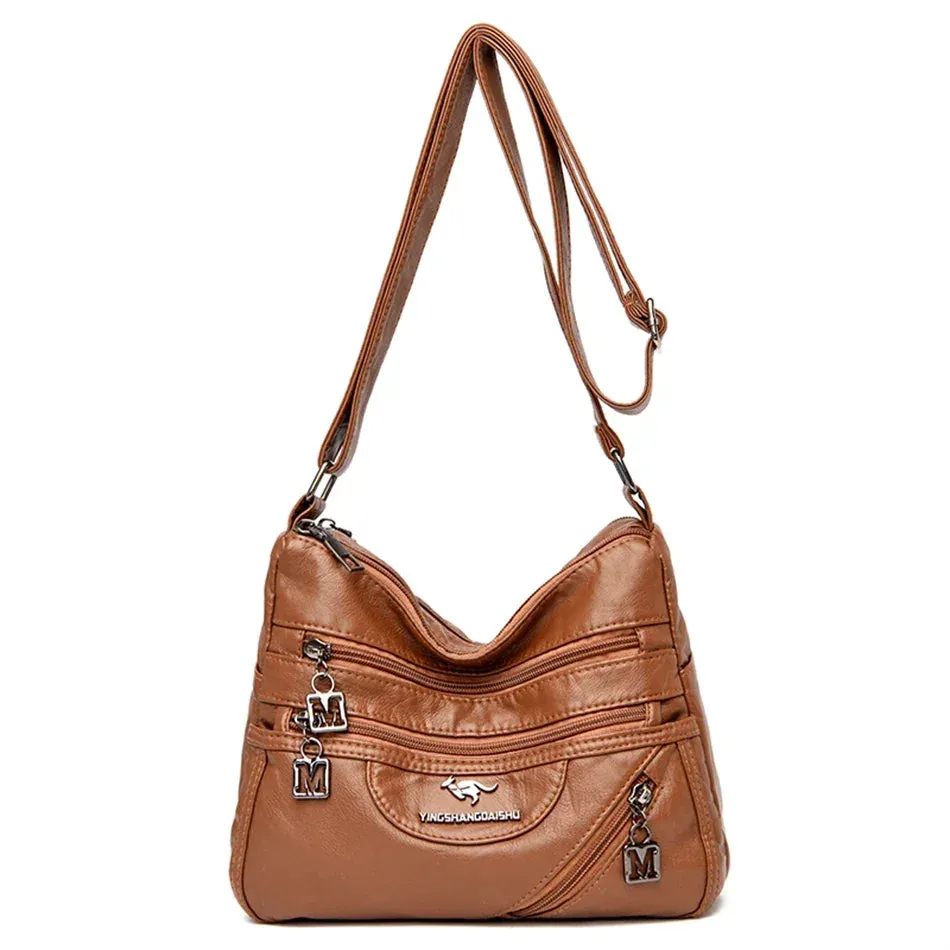 Multi-Pocket Soft Leather Shoulder Bag – Versatile Crossbody Handbag