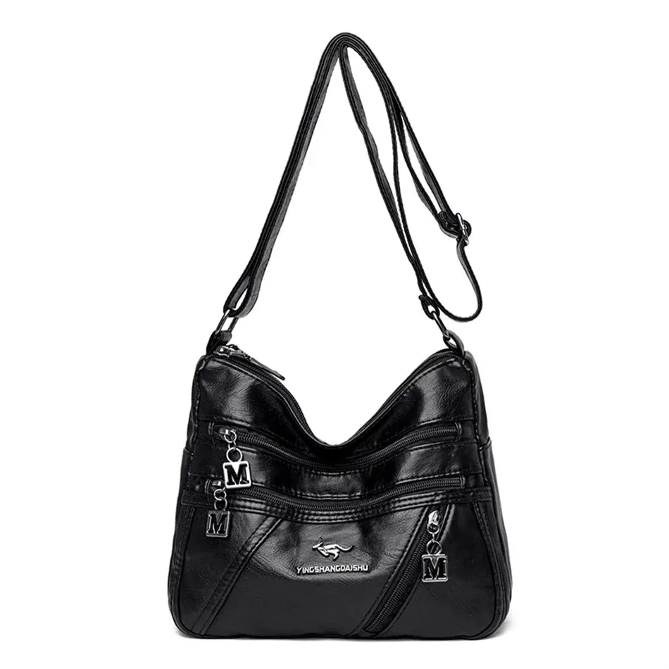 Multi-Pocket Soft Leather Shoulder Bag – Versatile Crossbody Handbag