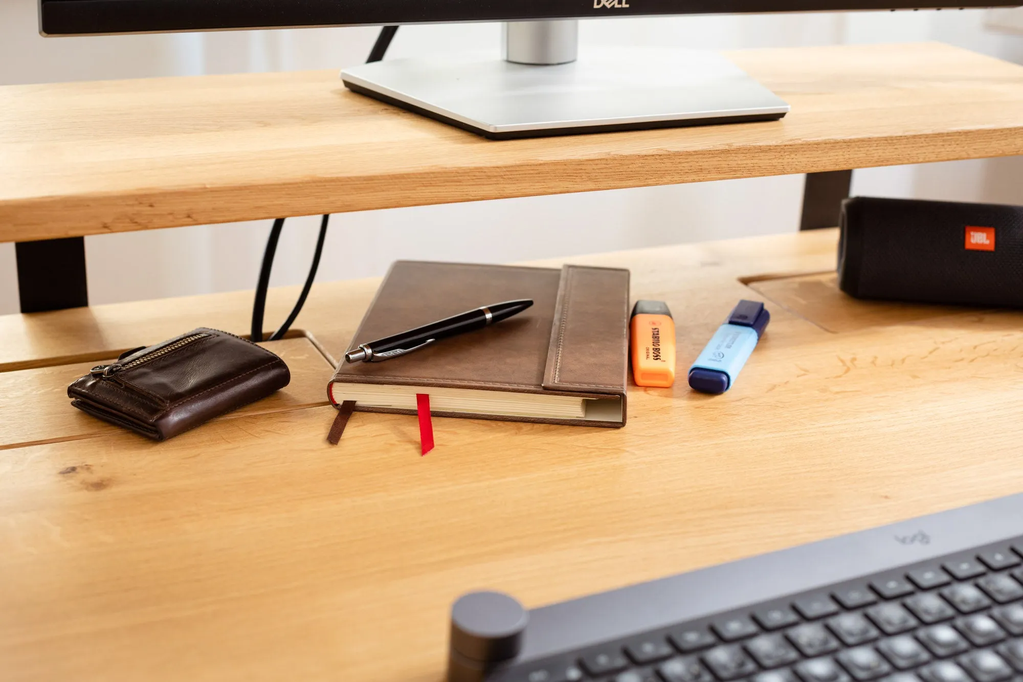 Oak standing desk with cable management unit