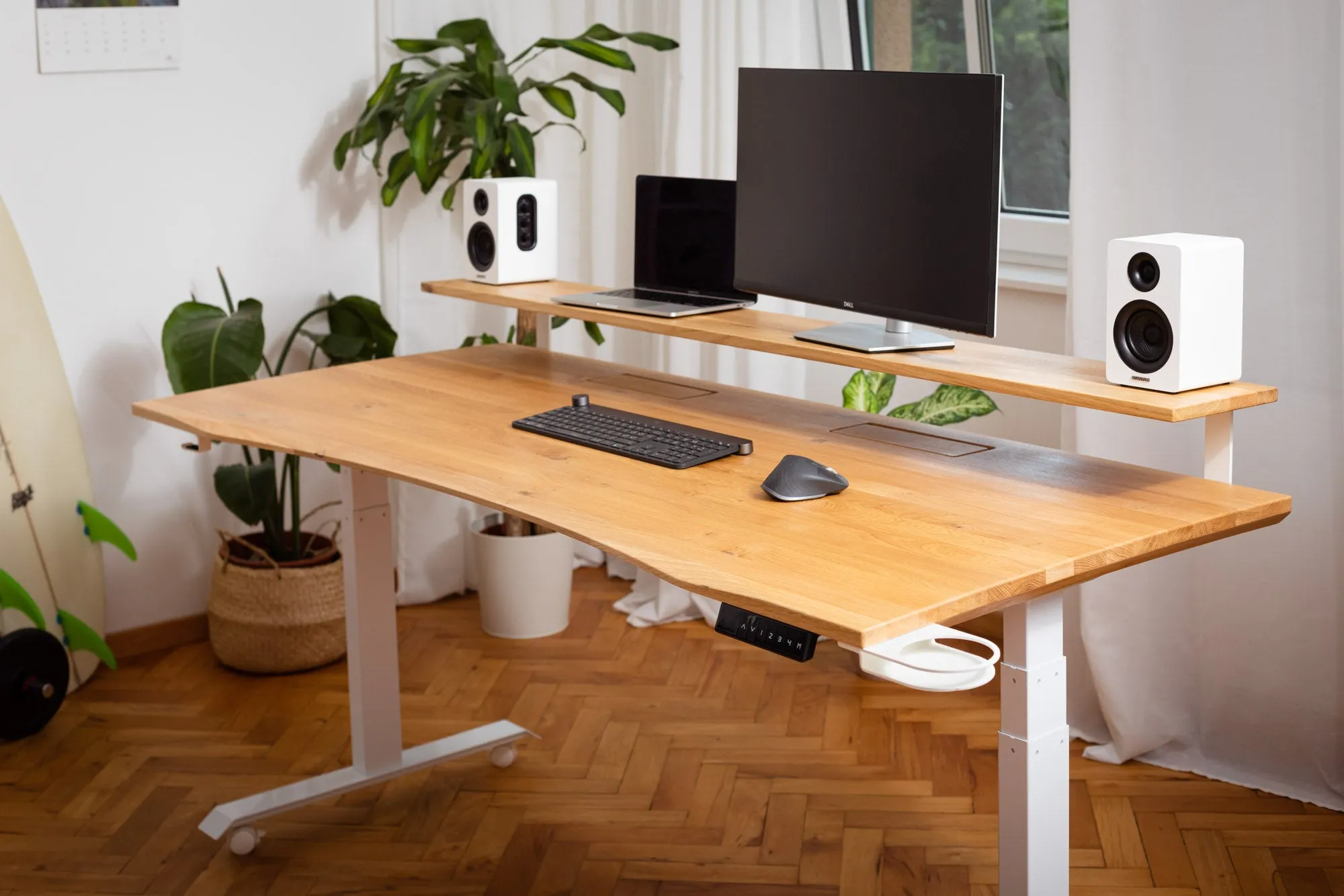 Oak standing desk with cable management unit