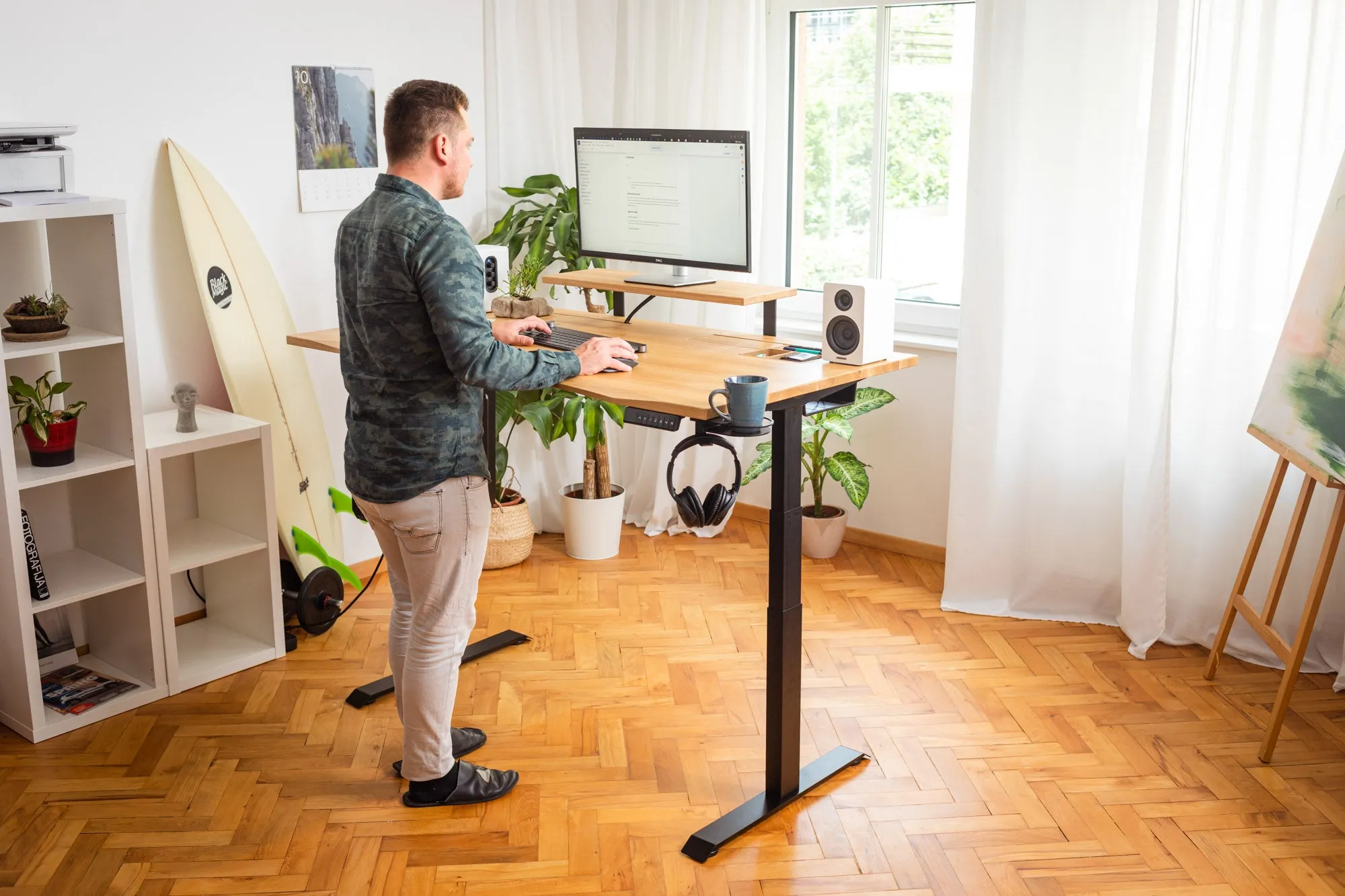 Oak standing desk with cable management unit