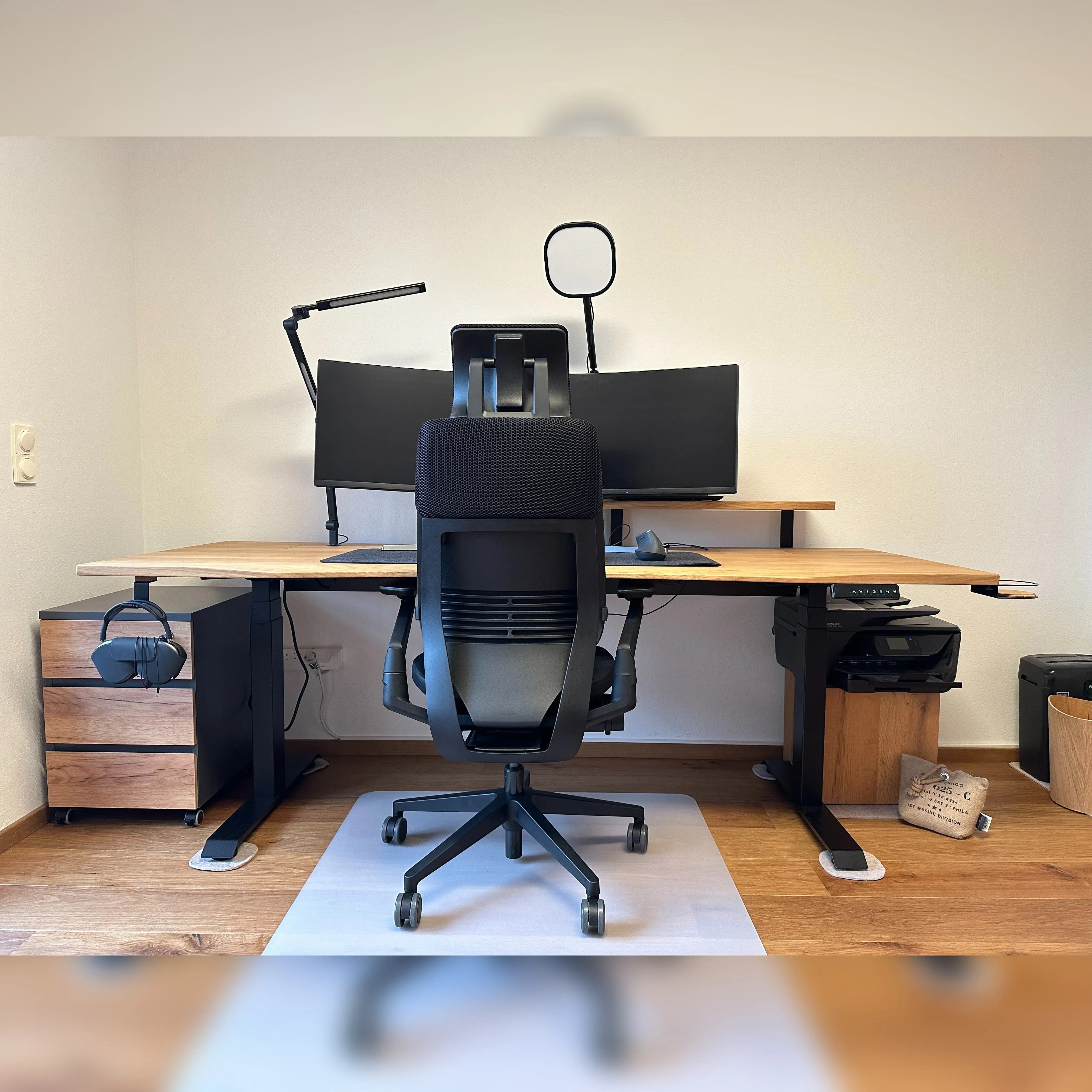 Oak standing desk with cable management unit