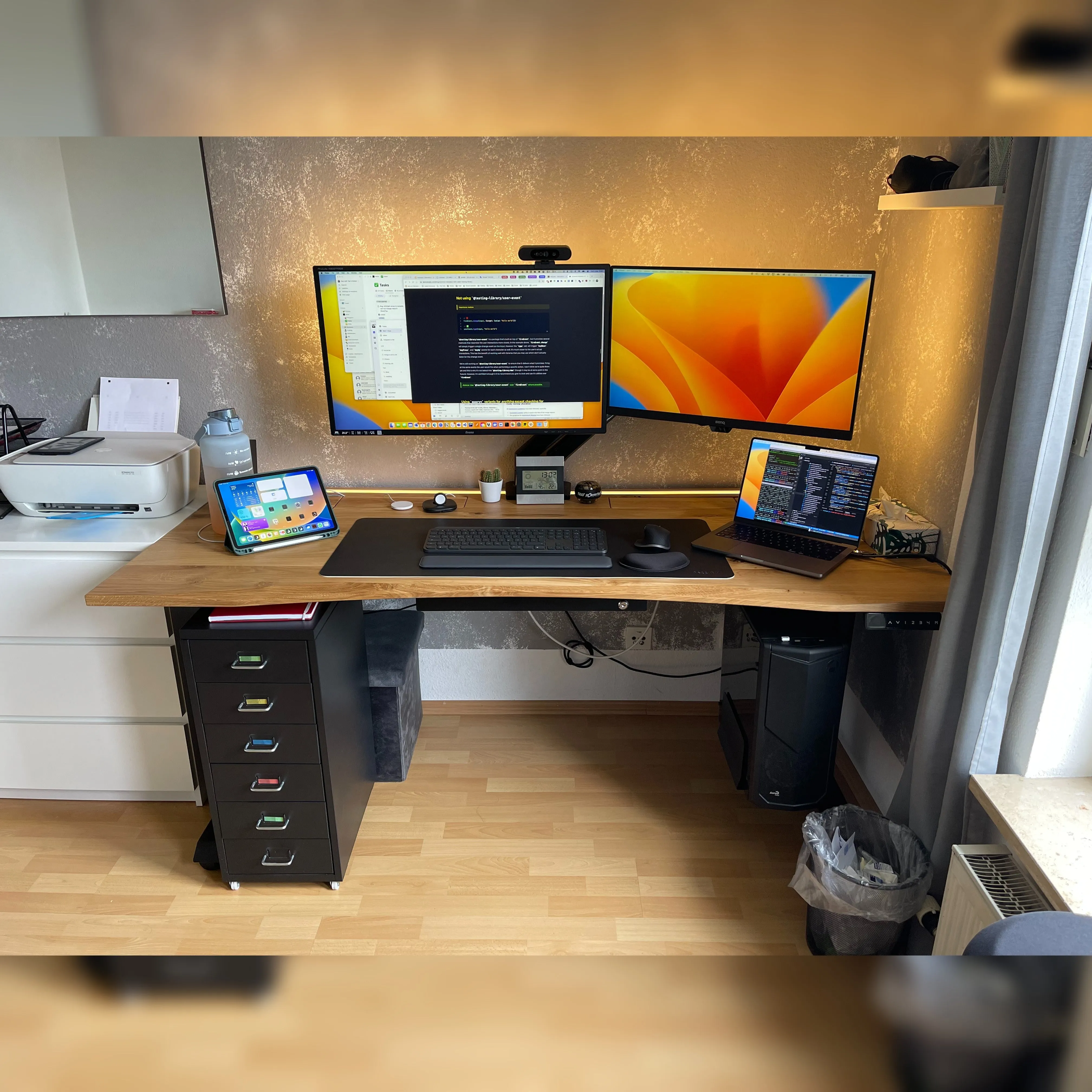 Oak standing desk with cable management unit