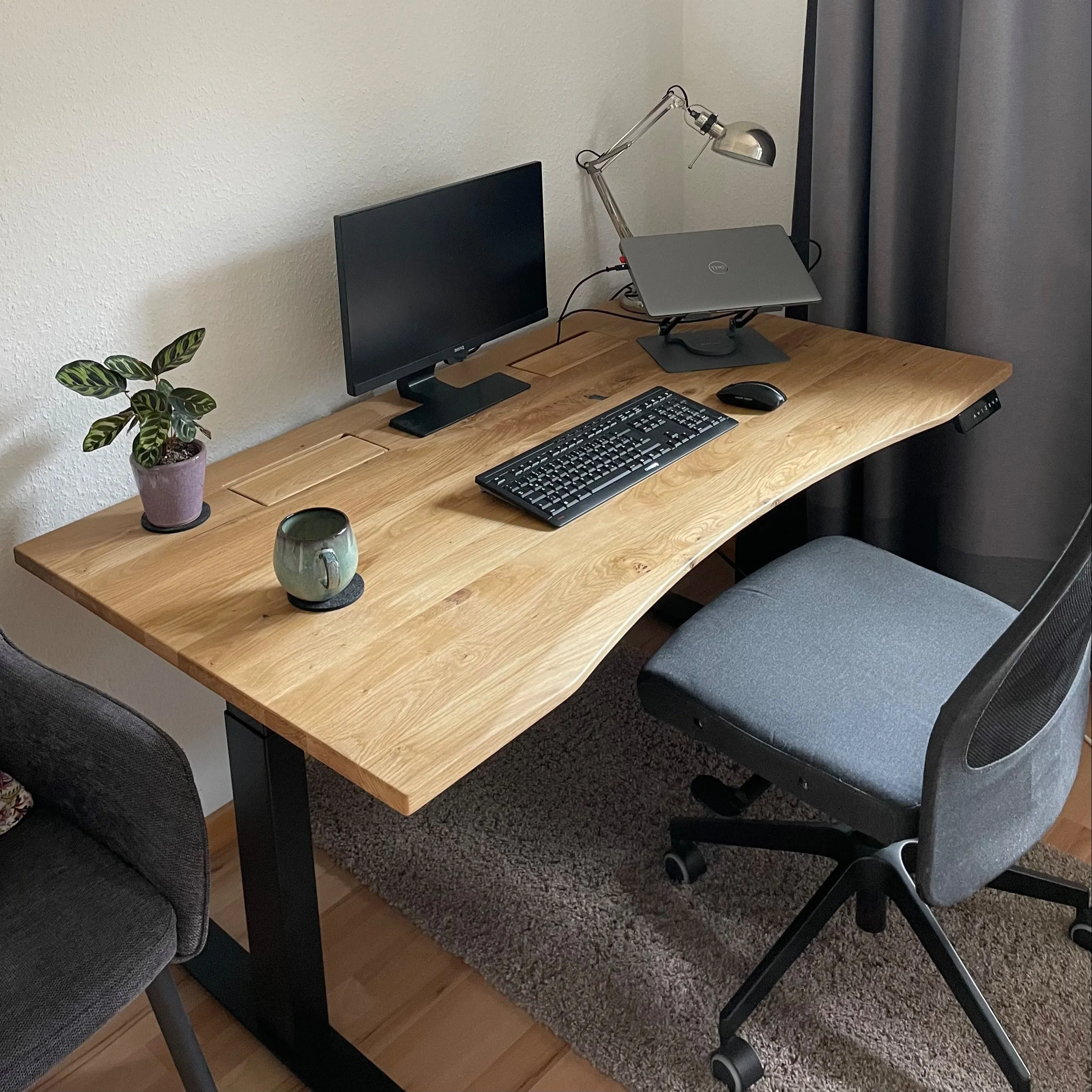 Oak standing desk with cable management unit
