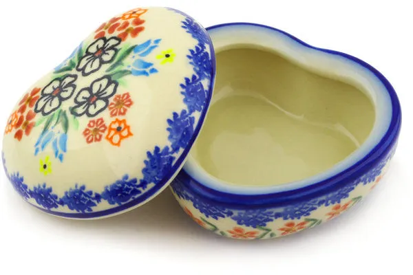 Polish Pottery 4" Heart Shaped Jar Fanciful Ladybug