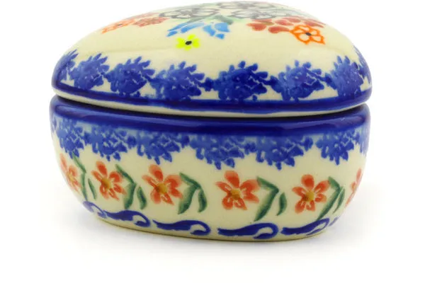 Polish Pottery 4" Heart Shaped Jar Fanciful Ladybug
