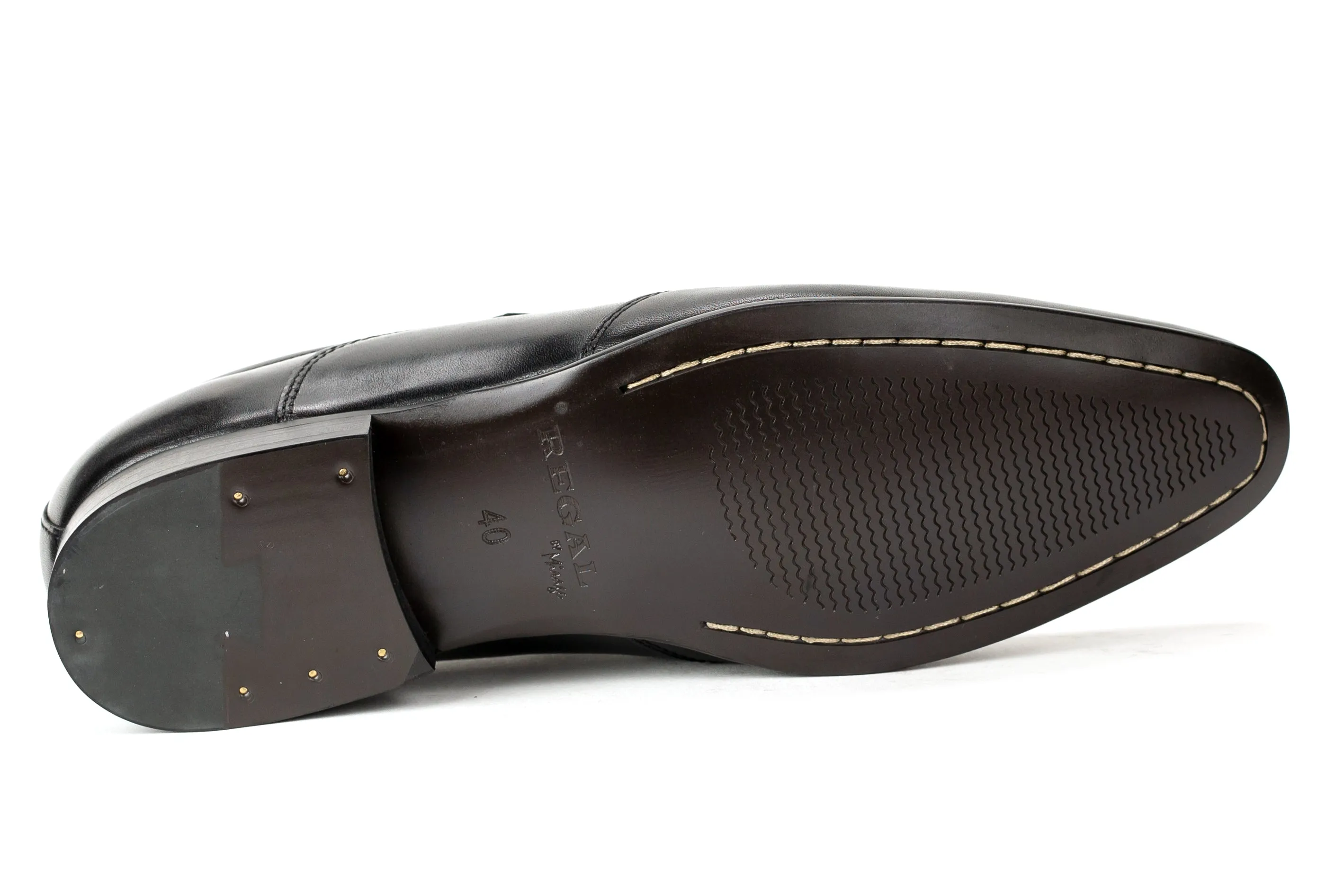 Pottstown - Regal Men's Dress Black Leather Slip On Shoe Wing Tip Thin Elegant Rubber Sole